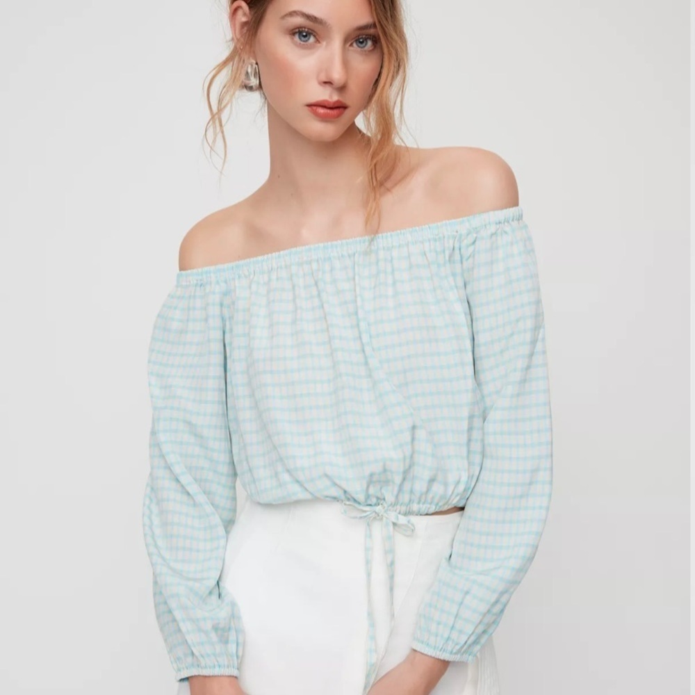 NWT ARITZIA Off-the-shoulder Blouse in lightweight Japanese crepe, blue/white